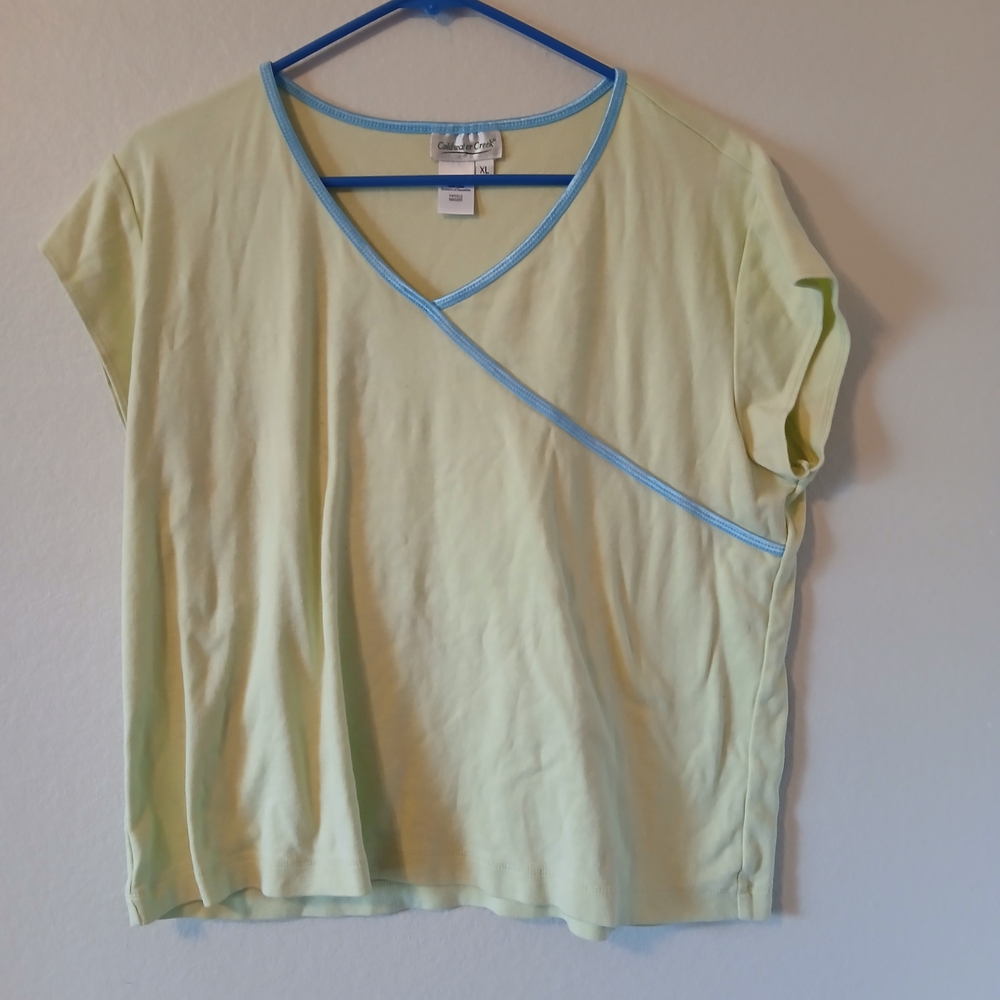 Coldwater Creek Light Yellow V-Neck Tee with Blue Trim